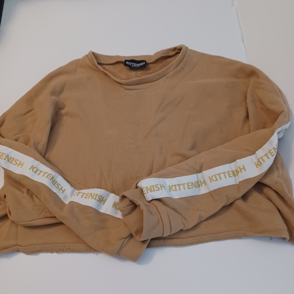 KITTENISH Beige Logo Trim Cropped Sweatshirt Sz XXL